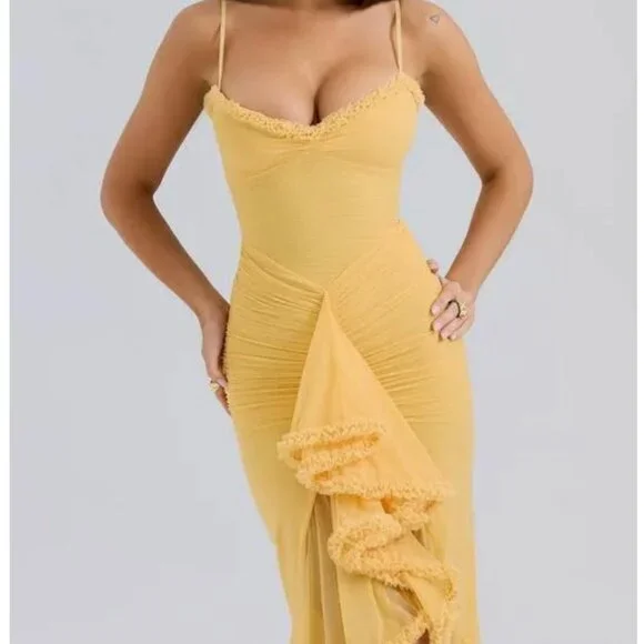XS - House of CB London Yellow Ruffle Front Gown - Picture 5 of 5